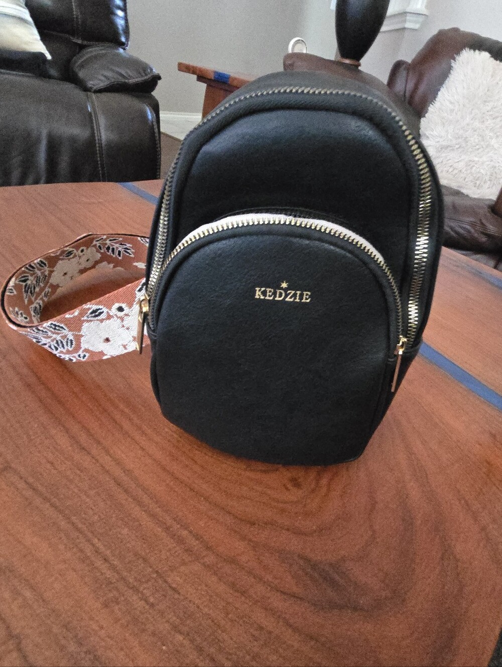 KEDZIE Black Mini Backpack Bag with Floral Strap - Picture 7 of 8